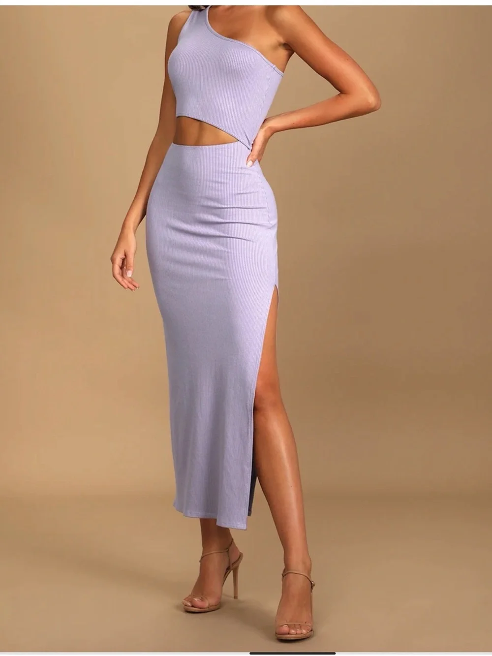 Lulus Spice things up Lavendar Ribbed one Shoulder Cutout Midi dress - Picture 3 of 6